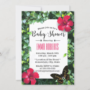 Hawaiian Hibiscus & Butterfly Tropical Baby Shower Invitation