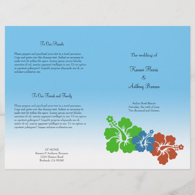 Hawaiian hibiscus flower earthy wedding program (Front)