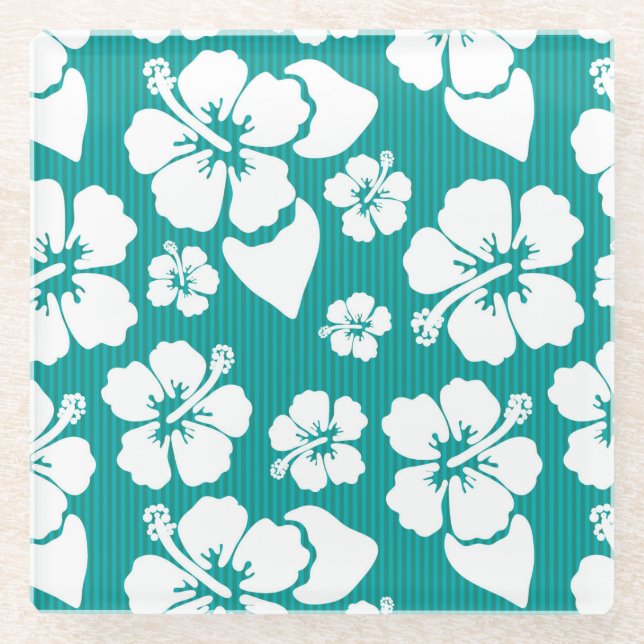 Hawaiian Hibiscus Flower Pattern Glass Coaster (Front)
