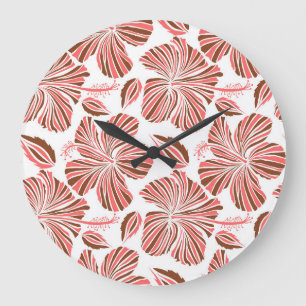 Hawaiian hibiscus flowers: brown tropical style. large clock