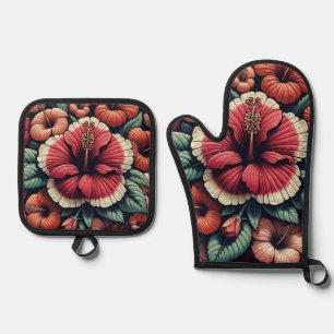 Hawaiian Hibiscus Flowers Oven Mitt & Pot Holder Set