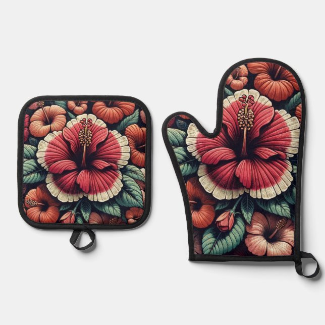 Hawaiian Hibiscus Flowers                          Oven Mitt & Pot Holder Set (Front)