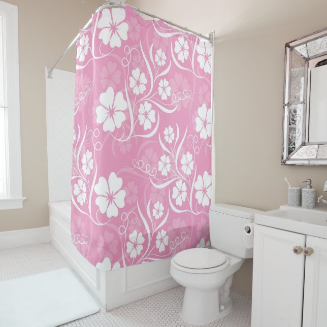 Hawaiian Hibiscus Flowers Tropical Pink White Shower Curtain (In Situ)