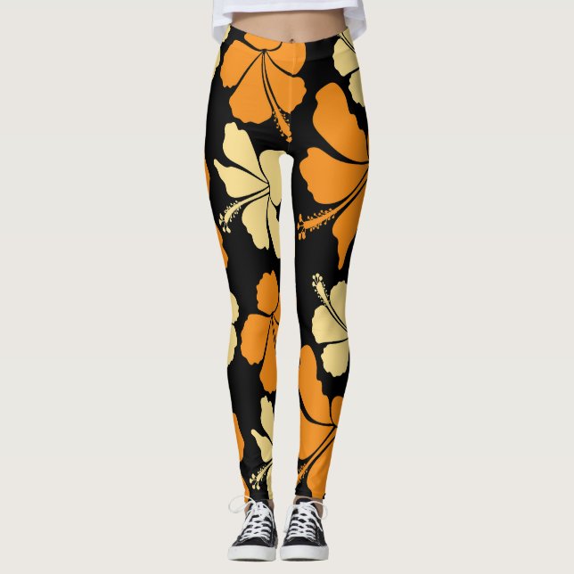 Hawaiian Hibiscus: Orange Tropical Pattern. Leggings (Front)