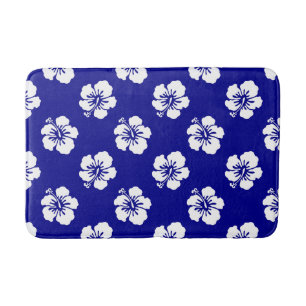 Hawaiian Hibiscus Pattern Blue and White Bath Mat