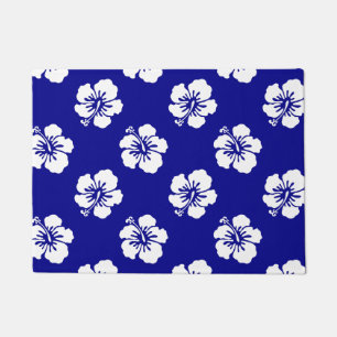 Hawaiian Hibiscus Pattern Blue and White Doormat