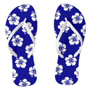Hawaiian Hibiscus Pattern Blue and White Thongs