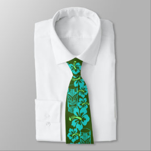 Hawaiian Hibiscus & Tiki "Live Pono" Retro Upbeat Tie