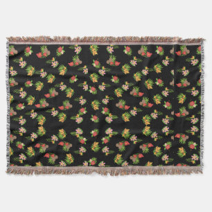Hawaiian Hibiscus Tropical Floral on Black Throw Blanket