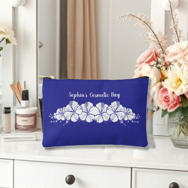 Hawaiian Hibiscus Tropical Flowers Blue Accessory Pouch (Hawaiian, Tropical Flowers, Blue Cosmetic Bag, Islander)