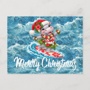 Hawaiian Hippo Bikini Christmas on surf board Holiday Postcard