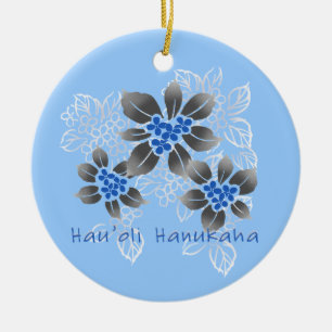 Hawaiian Holly Hanukkah Blue Floral Ceramic Ornament
