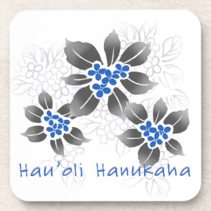 Hawaiian Holly Hanukkah Blue Floral Coaster