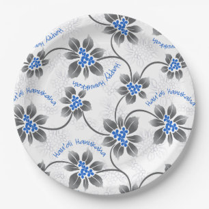 Hawaiian Holly Hanukkah Blue Floral Paper Plate