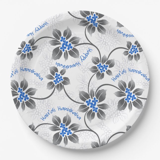 Hawaiian Holly Hanukkah Blue Floral Paper Plate (Front)