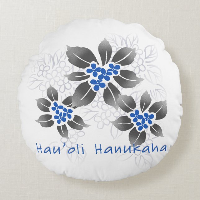 Hawaiian Holly Hanukkah Blue Floral Round Cushion (Front)
