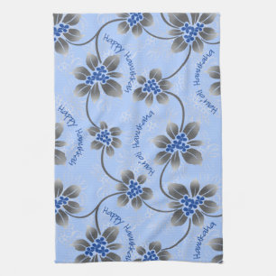 Hawaiian Holly Hanukkah Blue Floral Tea Towel