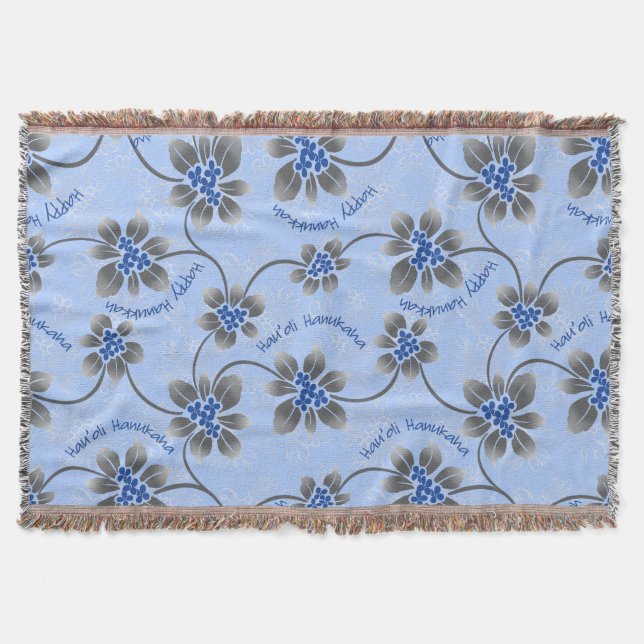Hawaiian Holly Hanukkah Blue Floral Throw Blanket (Front)