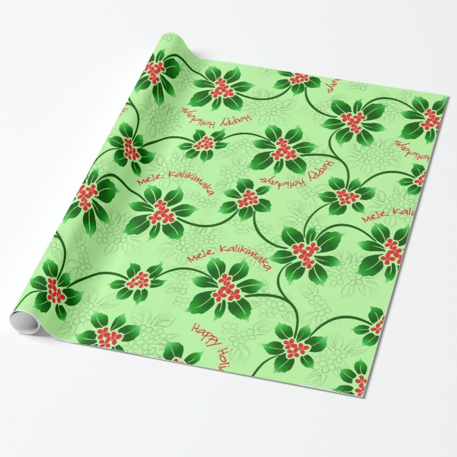 Hawaiian Holly Mele Kalikimaka Christmas Green Wrapping Paper (Unrolled)