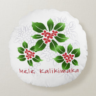 Hawaiian Holly Mele Kalikimaka Christmas Red Round Cushion