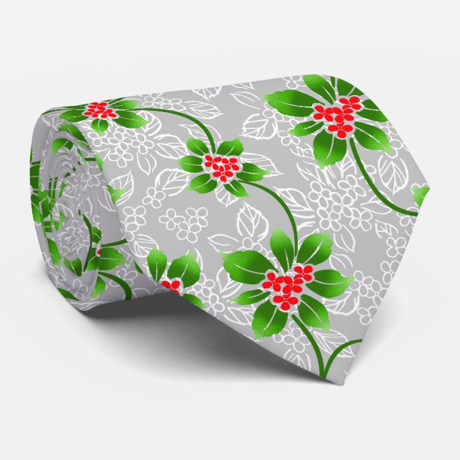 Hawaiian Holly Silver Two-Sided Tie (Rolled)