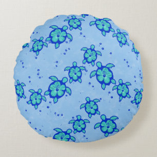 Hawaiian Honu Hibiscus Sea Turtles Round Cushion