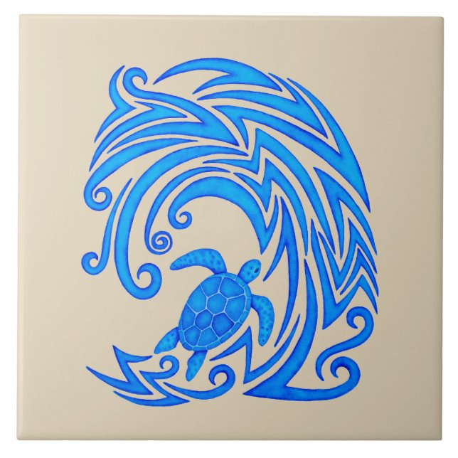 Hawaiian Honu n Wave Tribal Turtle Ceramic Tile (Front)