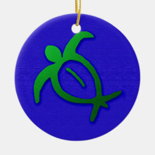 Hawaiian Honu Petroglyph on Blue Ceramic Tree Decoration