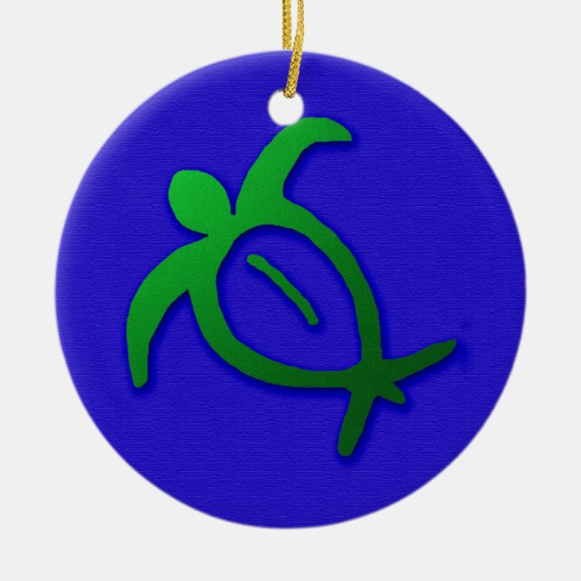 Hawaiian Honu Petroglyph on Blue Ceramic Tree Decoration (Front)