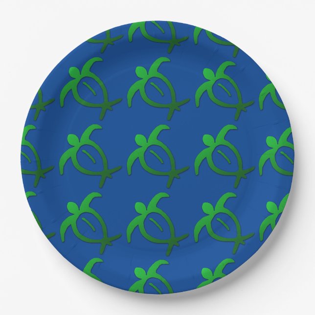 Hawaiian Honu Petroglyph on Blue (Tiled) Paper Plate (Front)