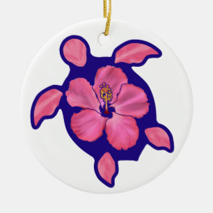 Hawaiian Honu Turtle and Hibiscus Ceramic Ornament