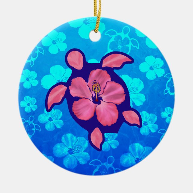 Hawaiian Honu Turtle and Hibiscus Ceramic Tree Decoration (Front)