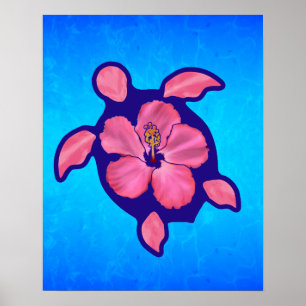Hawaiian Honu Turtle and Hibiscus Poster