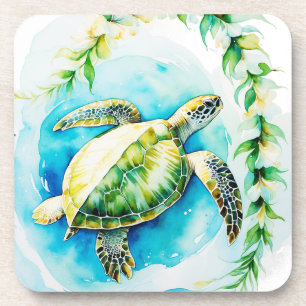 Hawaiian Honu with Plumeria & Maile Watercolor Coaster