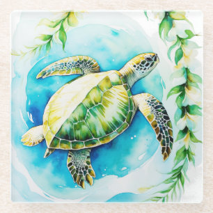 Hawaiian Honu with Plumeria & Maile Watercolor Glass Coaster