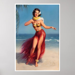 Hawaiian Hula Girl Print Pin-Up Art Vintage Aloha