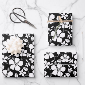HAWAIIAN HULA (HIBISCUS) BLACK WRAPPING PAPER SHEET