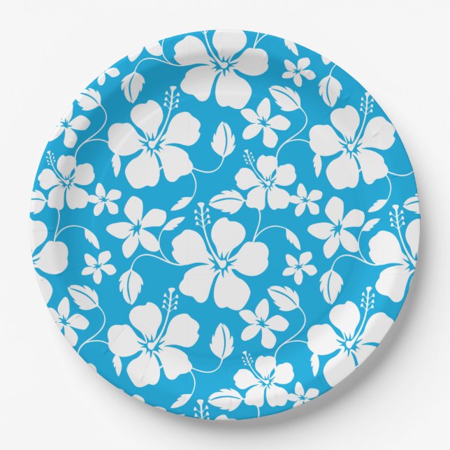 HAWAIIAN HULA (HIBISCUS) BLUE PAPER PLATE (Front)
