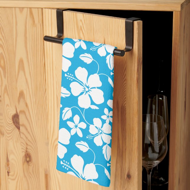 HAWAIIAN HULA (HIBISCUS) BLUE TEA TOWEL (Thirds Fold)