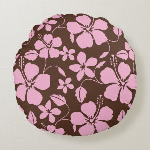 HAWAIIAN HULA (HIBISCUS) BROWN AND PINK ROUND CUSHION