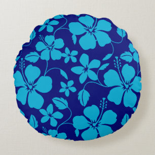HAWAIIAN HULA (HIBISCUS) DARK AND LIGHT BLUE ROUND CUSHION
