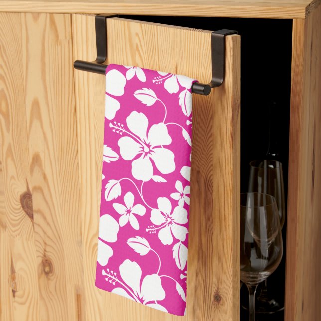 HAWAIIAN HULA (HIBISCUS) HOT PINK TEA TOWEL (Thirds Fold)