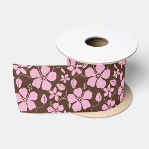HAWAIIAN HULA (HIBISCUS) LIGHT BROWN/PINK SATIN RIBBON