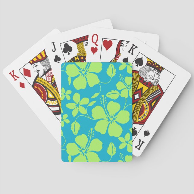 HAWAIIAN HULA (HIBISCUS) PATTERN in TEAL LIME Playing Cards (Back)