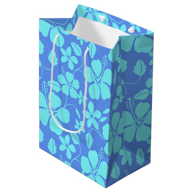 HAWAIIAN HULA (HIBISCUS) PERIWINKLE/TEAL MEDIUM GIFT BAG (Front Angled)