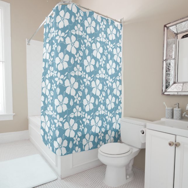 HAWAIIAN HULA (HIBISCUS) SLATE BLUE SHOWER CURTAIN (In Situ)