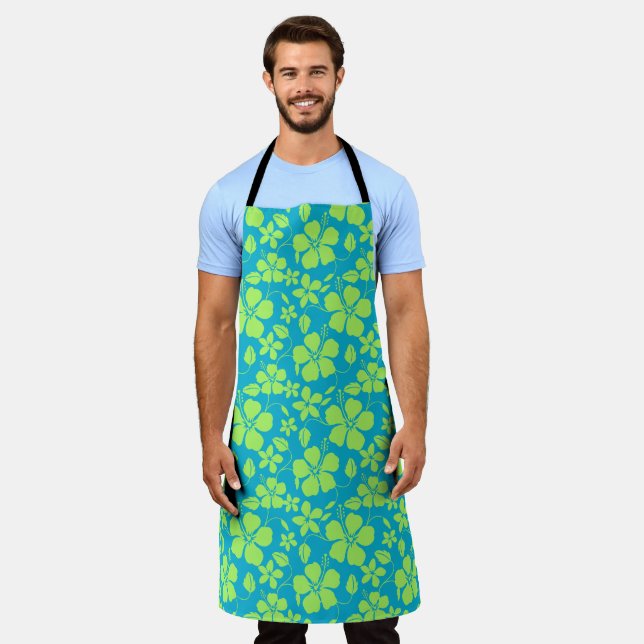 HAWAIIAN HULA (HIBISCUS) TEAL LIME APRON (Worn)