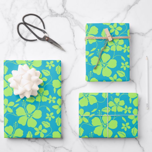 HAWAIIAN HULA (HIBISCUS) TEAL LIME WRAPPING PAPER SHEET (Front)