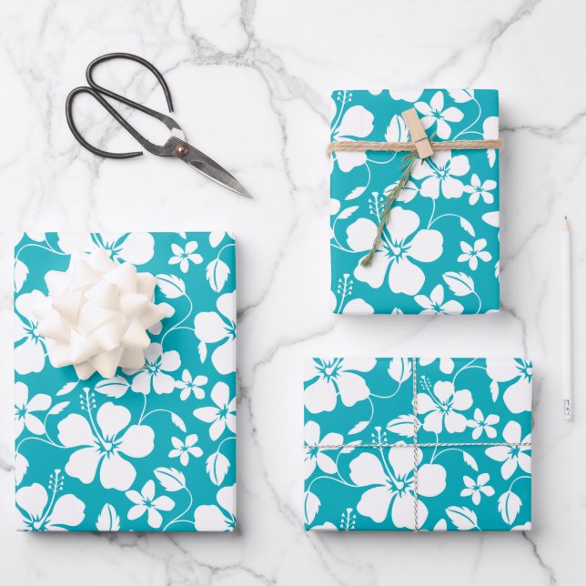 HAWAIIAN HULA (HIBISCUS) TEAL WRAPPING PAPER SHEET (Front)