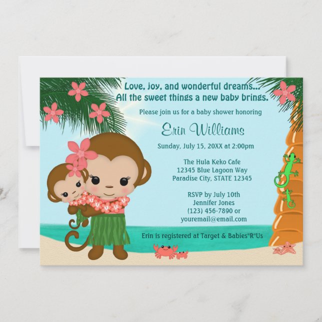 Hawaiian Hula Monkey Baby Shower invitation Beach (Front)
